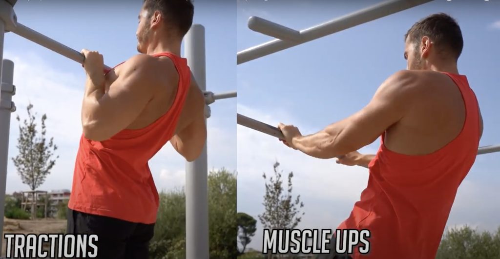 Deux photos comparant un tirage pour une traction et un tirage pour un muscle up