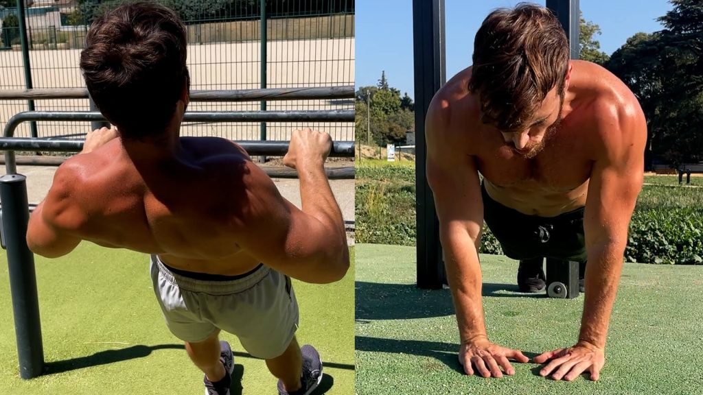 Homme enchaînant les tractions australiennes et les pompes diamant dans un parc de Street Workout