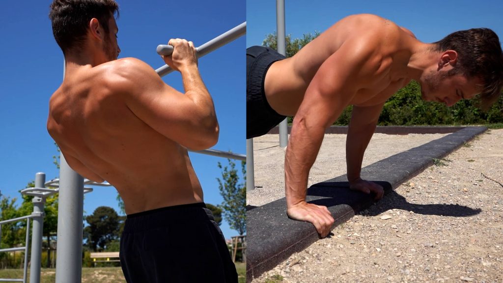 Homme enchaînant les Tractions prise neutre et les Pompes dans un parc de Street Workout