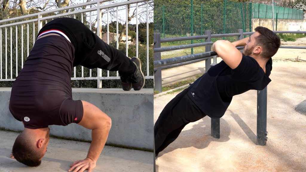 Homme enchaînant les Pompes Pike et les Tractions Australiennes coudes ouverts diamant dans un parc de Street Workout