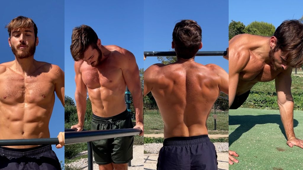 4 photos d'un homme enchaînant les exercices de Calisthenics dans un parc