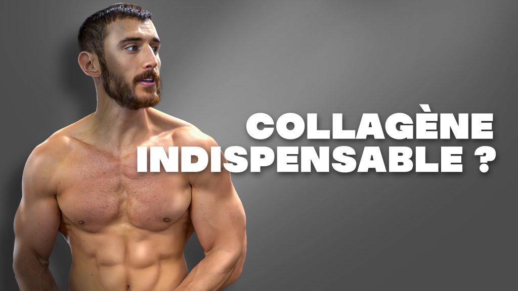Montage avec un homme musclé torse nu en fond et du texte en premier plan