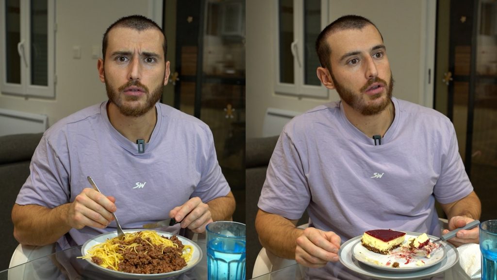Photo scindé en deux avec un homme mangeant un plat de pâtes avec de la viande hachée à gauche et un cheesecake à droite
