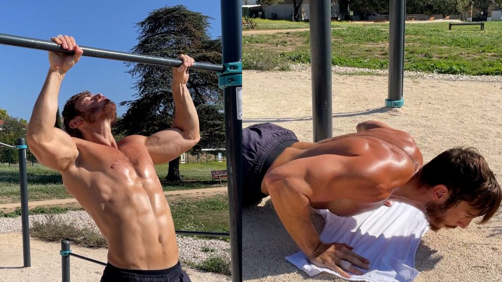 Image scindée en deux avec un homme enchaînant les tractions et les pompes dans un parc de Street Workout
