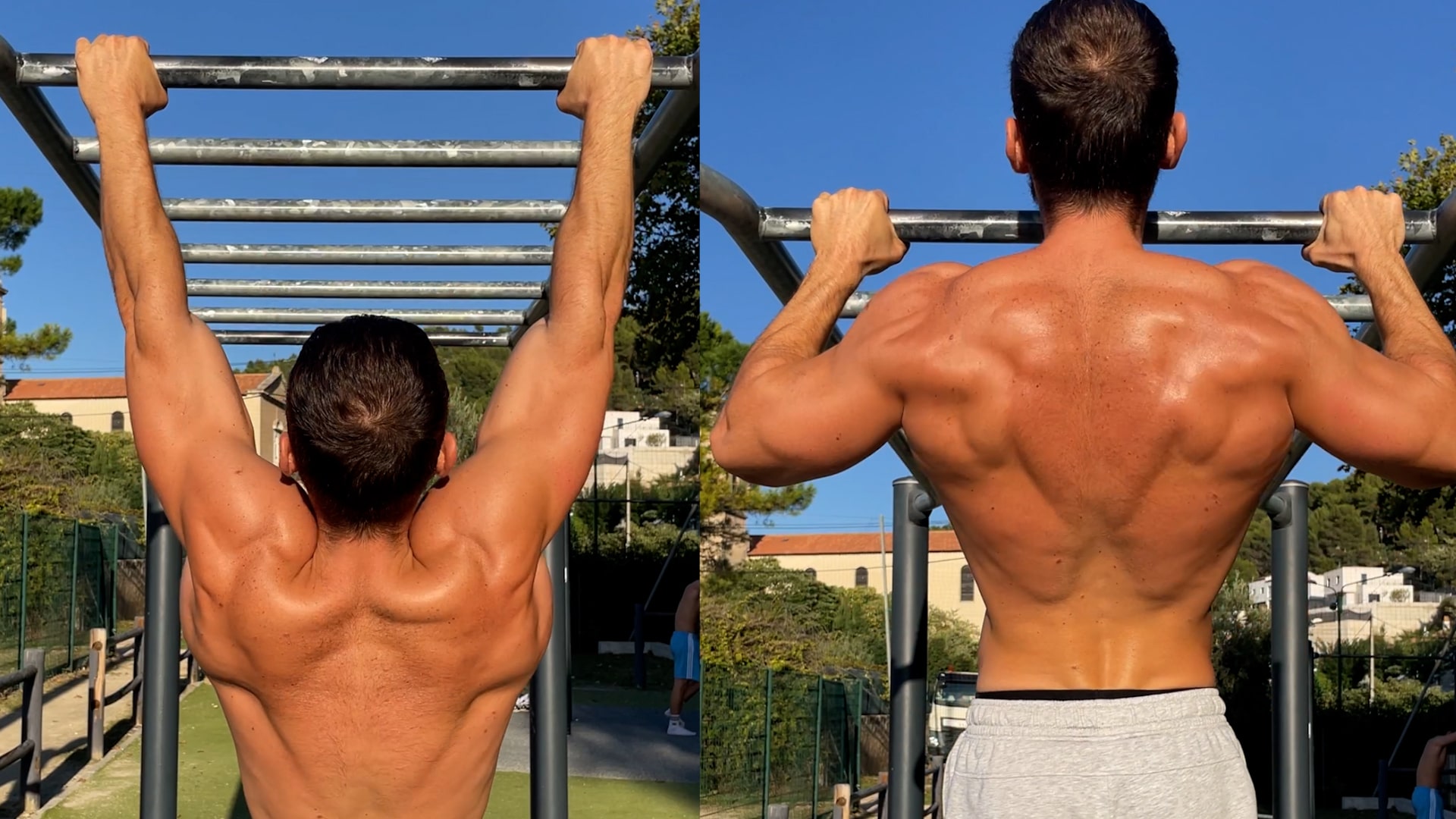 Homme exécutant des tractions prise pronation dans un parc de street workout