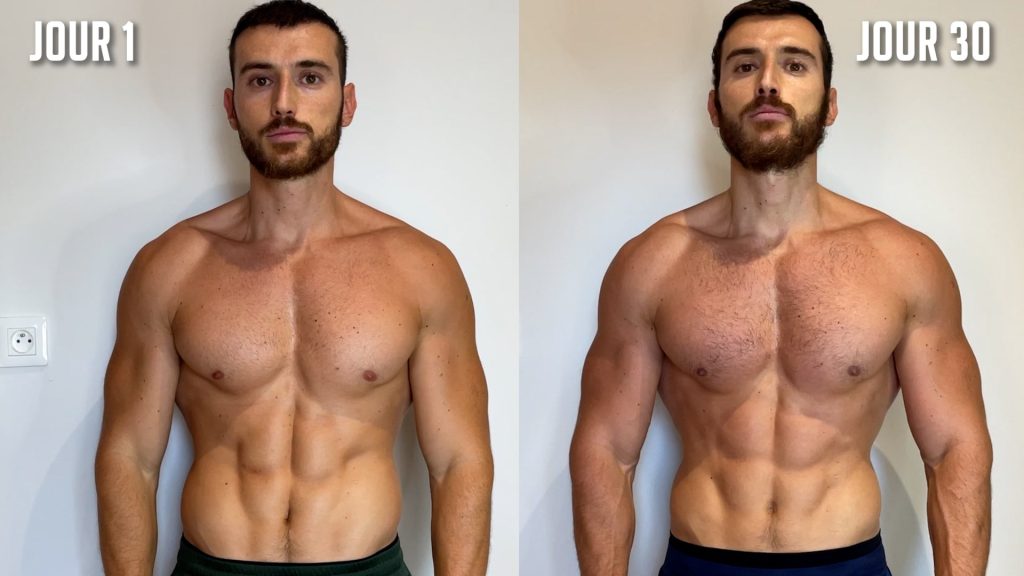 Deux photos d'un homme montrant ses résultats visuels différents après un défi physique de 30 jours