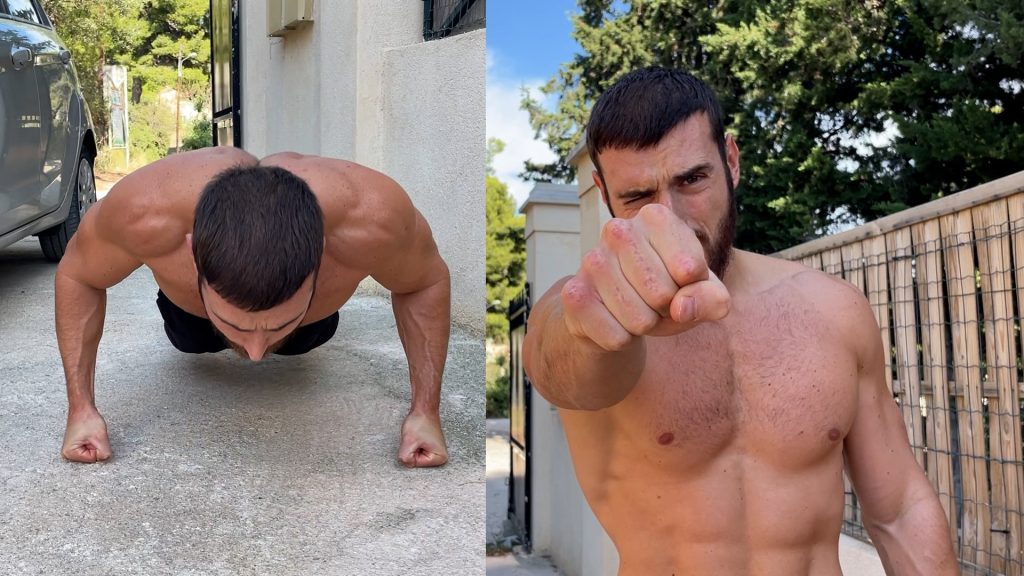 Deux photos avec un homme faisant des pompes sur les poings à gauche et montrant son poing à droite