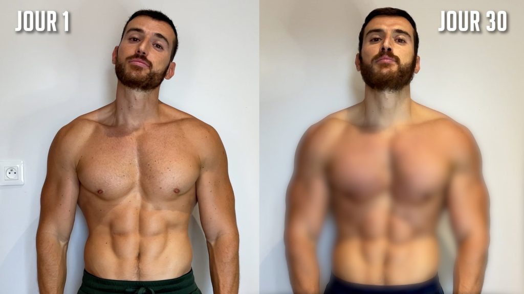 Deux photos d'un homme montrant ses résultats visuels différents après un défi physique de 30 jours, avec une photo flouté à droite à la fin du défi