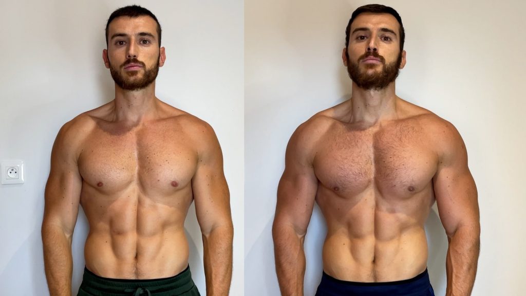 Photo avant / après scindée en deux d'un pratiquant de Calisthenics montrant sa transformation physique en quelques semaines