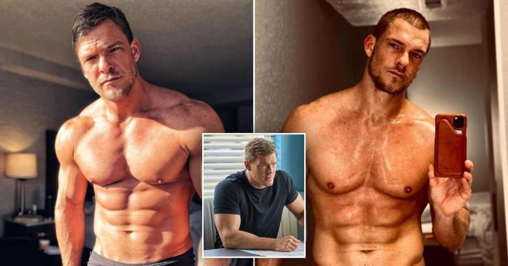 Photo scindé en deux d'un avant/après sa transformation physique de l'acteur Alan Ritchson