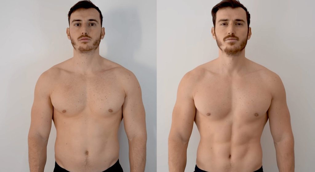 Deux photos scindées d'un même homme avant et après une sèche extrême uniquement à base de riz, poulet et brocolis pendant 30 jours